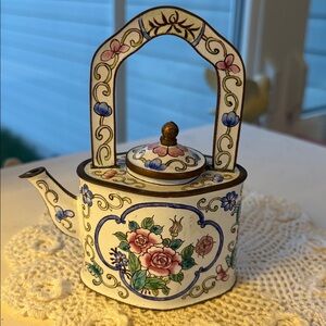 Decorative Floral Brass Enamel Teapot with Handle - Pink & Blue Roses